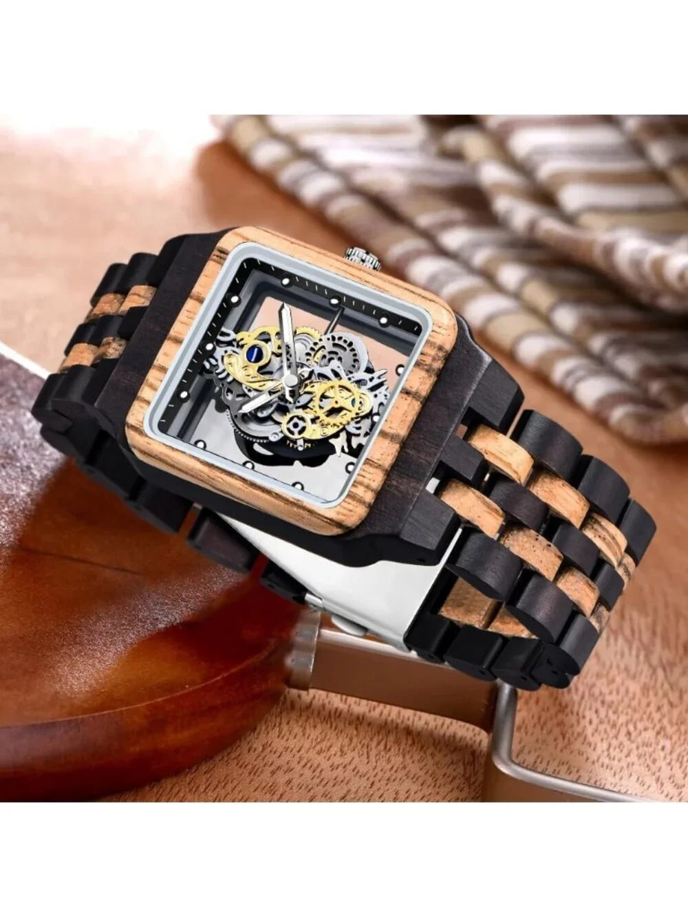 Men's Black Brown Square Skeleton Buckle Analog Quartz Classic Wooden Watch
